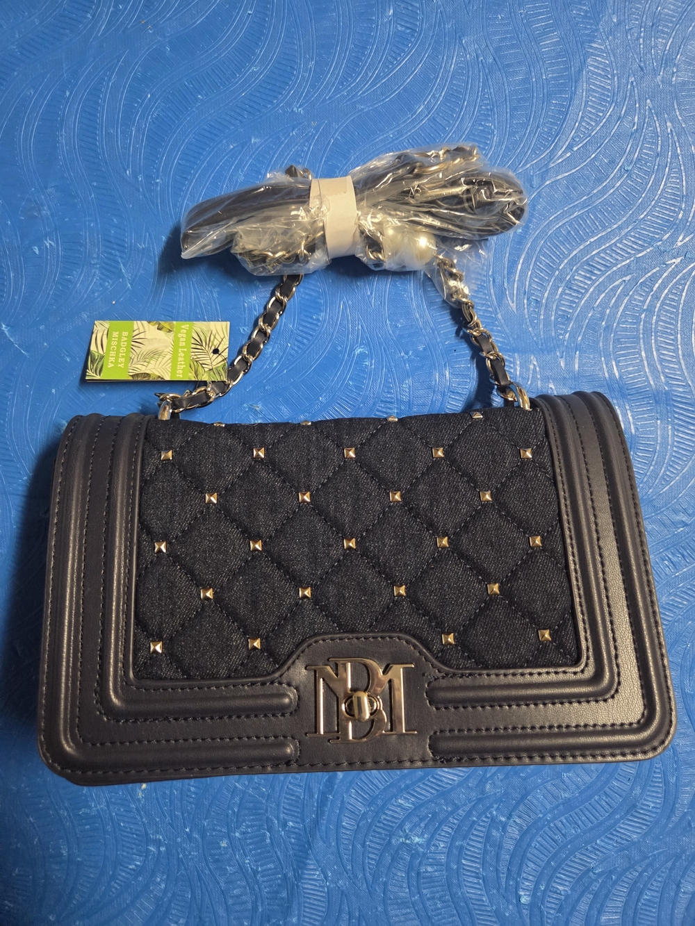 Badgley Mischka Quilted Stud Chain Shoulder Bag - Navy Blue
